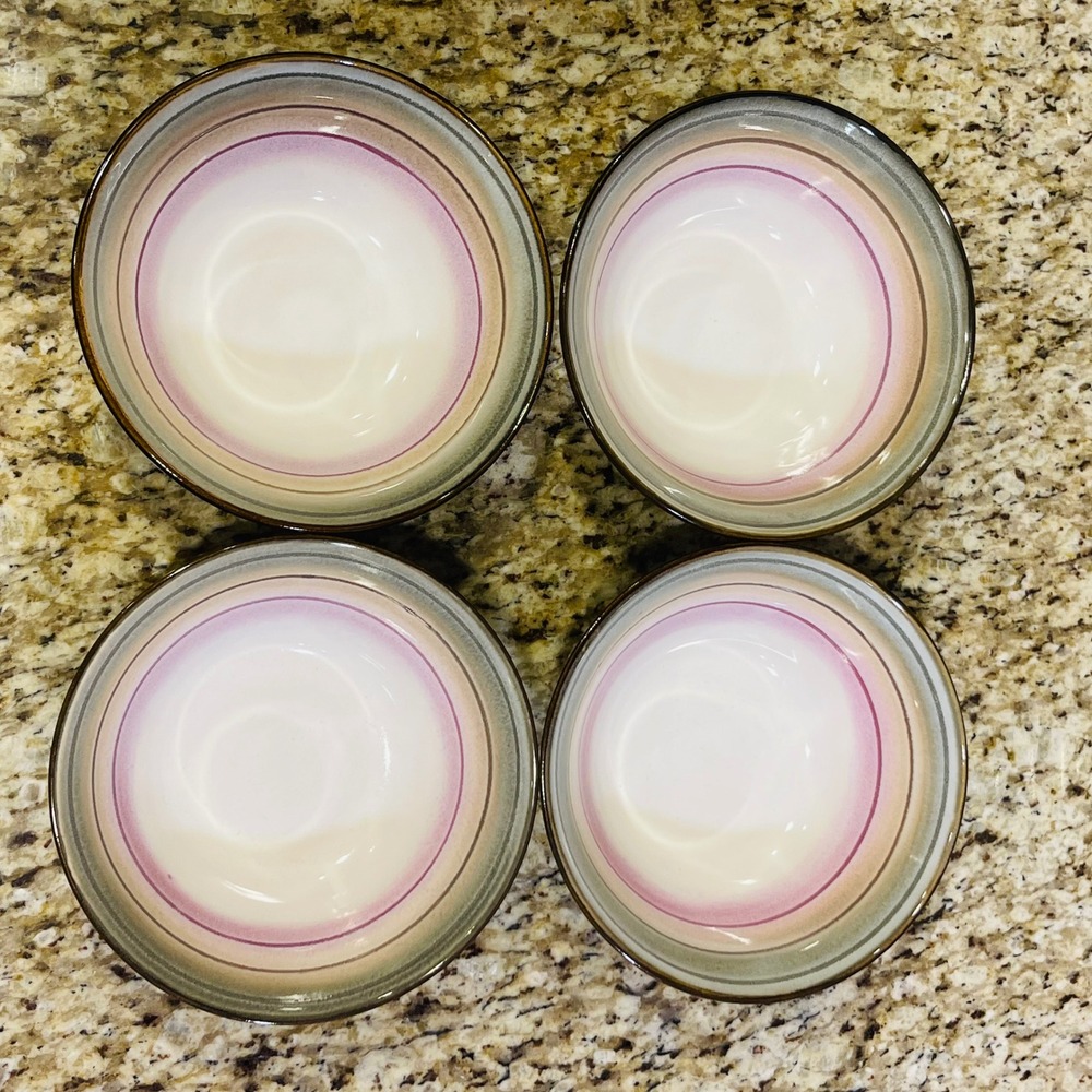 Sango Arcadia Black 4605 Soup Cereal Bowls Set of 4 Pink Grey Band Stoneware